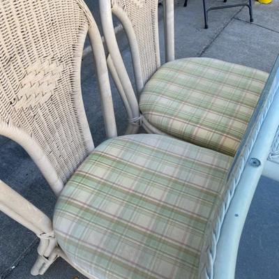 Wicker/Glass Table w/4 side chairs and 2 arm chairs with cushions-Lot 642