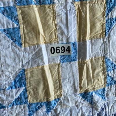 Blue/White/Yellow w/blue check border Quilt 94x80 -Lot 694