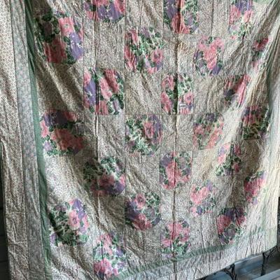 Pink/Purple/Green Floral Squares/Pink and White Stripe Back Quilt 80x80-Lot 695