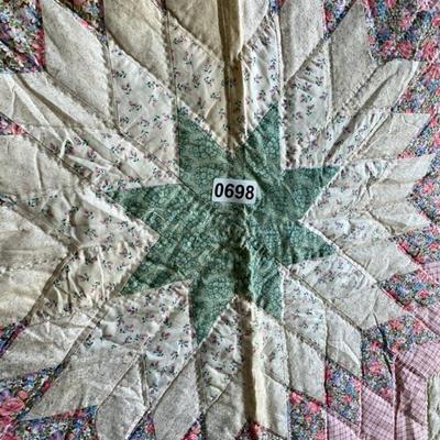 Green/Pink/Cream Star Quilt (some staining)/Solid Cream Back 96x83-Lot 698