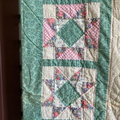 Green/Pink/Cream Star Quilt (some staining)/Solid Cream Back 96x83-Lot 698