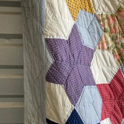 Multi Color Star Quilt (some staining) Blue/White Stripe Back 80x94-Lot 700