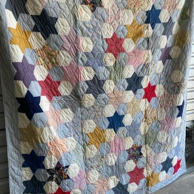 Multi Color Star Quilt (some staining) Blue/White Stripe Back 80x94-Lot 700