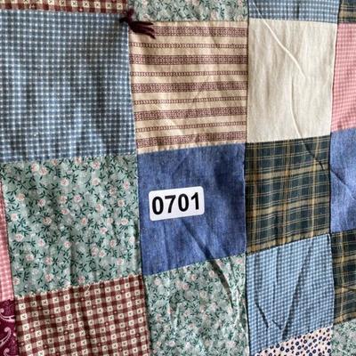 Multi Color Patch Quilt (some staining) Back Burgundy/Cream Stripe 84x96-Lot 701