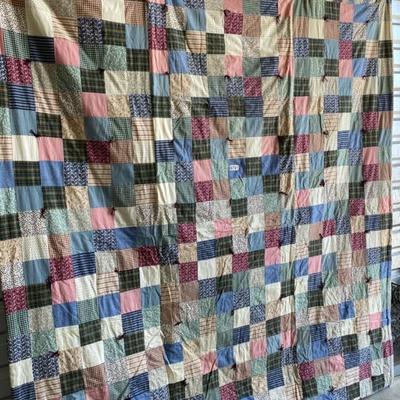 Multi Color Patch Quilt (some staining) Back Burgundy/Cream Stripe 84x96-Lot 701