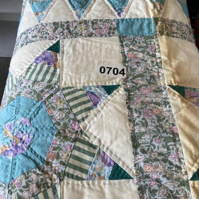 Blue/Purple/Cream Star/Square Quilt (some staining) Solid Cream Back 90x100-Lot 704