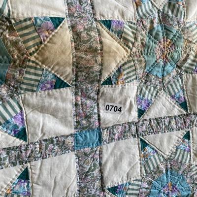Blue/Purple/Cream Star/Square Quilt (some staining) Solid Cream Back 90x100-Lot 704