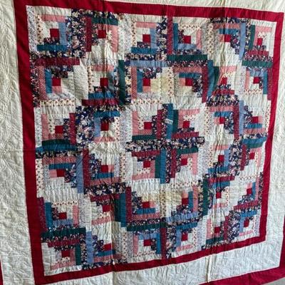 Cream/Red/Blue Large Center Square Quilt/Back Solid Cream (some staining)88x94-Lot 705