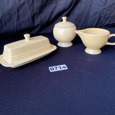 Fiestaware Yellow Butter Dish, Cream and Sugar (butter has small chip in lid) -Lot 714