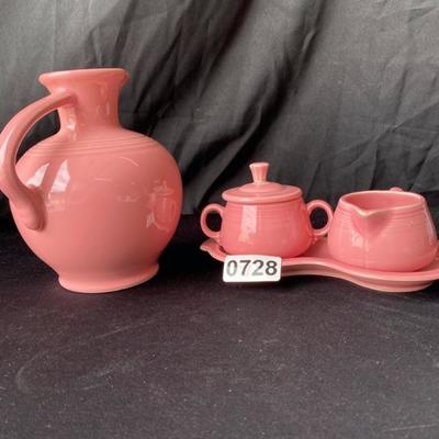 Fiestaware Rose Pitcher, Cream and Sugar with Tray and Lid-Lot 728