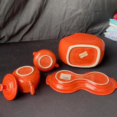 Fiestaware Tangerine Pitcher, Cream and Sugar with tray and lid-Lot 729