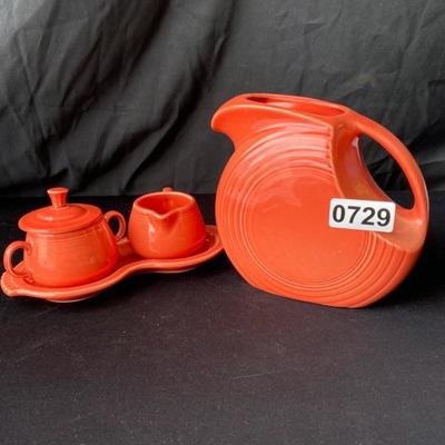 Fiestaware Tangerine Pitcher, Cream and Sugar with tray and lid-Lot 729