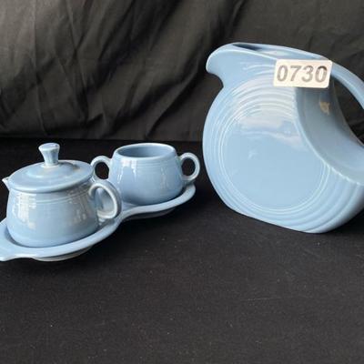 Fiestaware Periwinkle Pitcher, Cream and Sugar with Tray and Lid-Lot 730