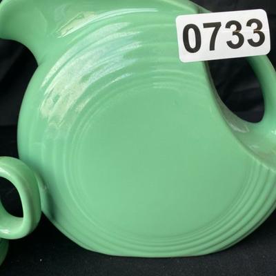 Fiestware Green Pitcher and Large Salt and Pepper Shaker (one missing stopper) Lot 733