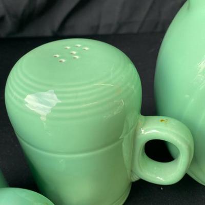 Fiestware Green Pitcher and Large Salt and Pepper Shaker (one missing stopper) Lot 733