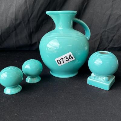 Fiestaware Pitcher, Small S&P Shaker, Candle Stick Holder-Lot 734
