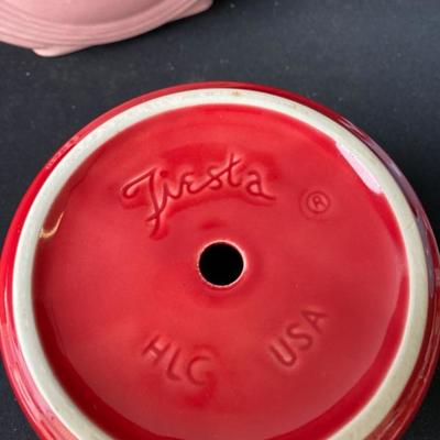Fiestaware Disk Pitcher, Red Planter, Teal Tea pot (has some chips)-Lot 761