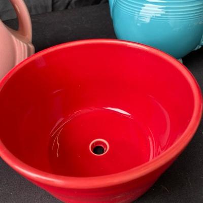 Fiestaware Disk Pitcher, Red Planter, Teal Tea pot (has some chips)-Lot 761