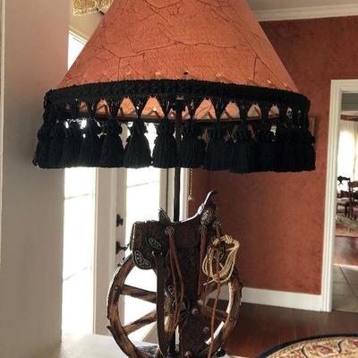 Lamp with wagon wheel