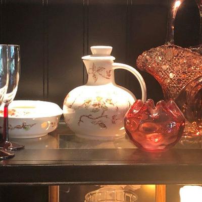 Cranberry glass, electric lamp dish with bird