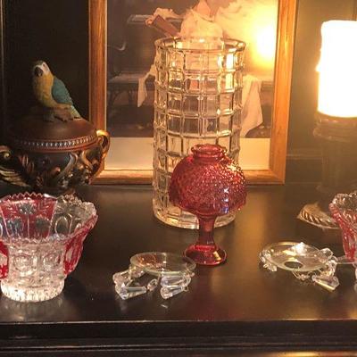 Cranberry glass, electric lamp dish with bird