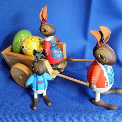 Lot 3: Herman Finck wooden bunnies with cart and painted eggs