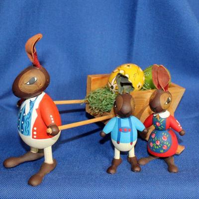 Lot 3: Herman Finck wooden bunnies with cart and painted eggs