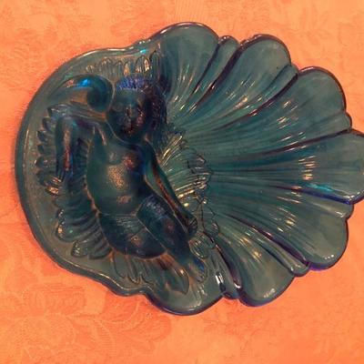 Blue Opalescent Candy Dish with Cherub