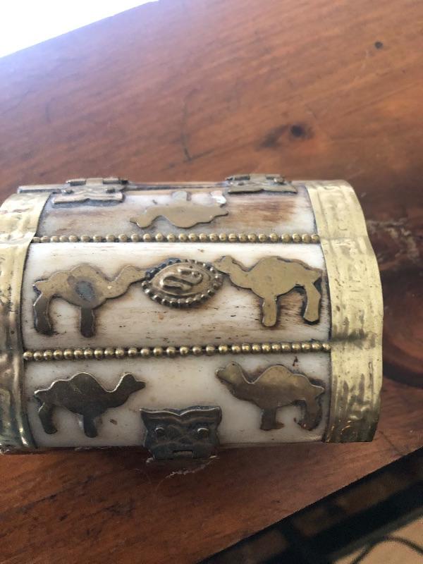 Camel Bone Carved Trinket Box with Brass Camels