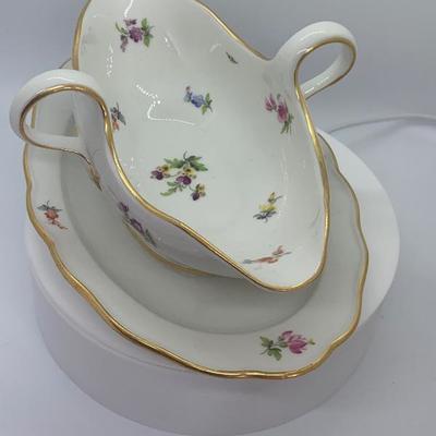 Antique Meissen scattered flowers pattern Hand Painted Porcelain Gravy Boat with attached Underplate