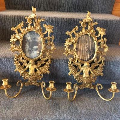 Pair of Brass Candelabra Sconces with Mirror