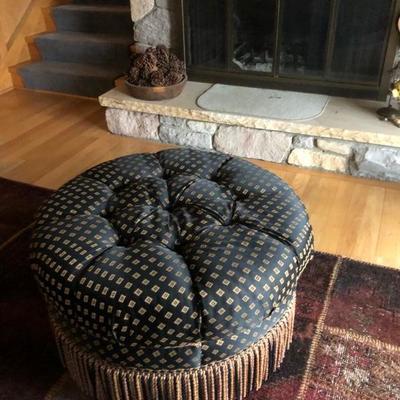 Tufted Grey Blue and Gold Fringed Ottoman 