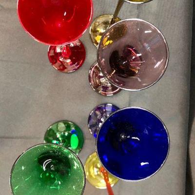 Blown Glass Cordial Aperitif Stemware Set, multi-corlored liqueur glasses