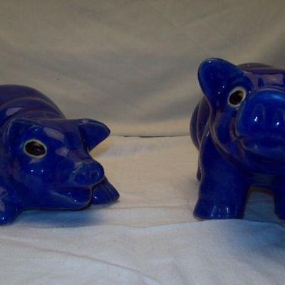 Pair Blue Ceramic Pigs