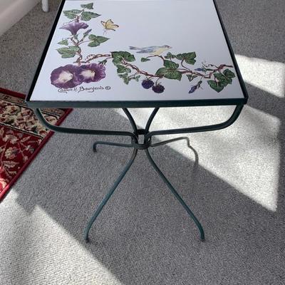 Small iron base paint stand or small side table with hand painted til top