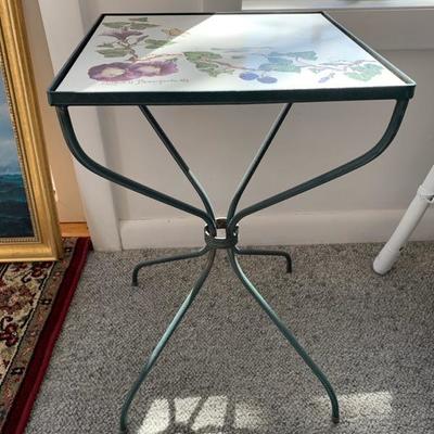 Small iron base paint stand or small side table with hand painted til top
