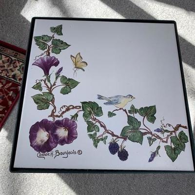 Small iron base paint stand or small side table with hand painted til top