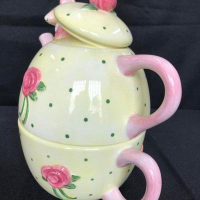 Pastel Yellow and Pink Personal Stacking Teapot and Teacup 