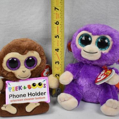 2 pc Ty Beanie Monkeys. Brown/Purple Phone Holder, Purple/Orange Boos - New