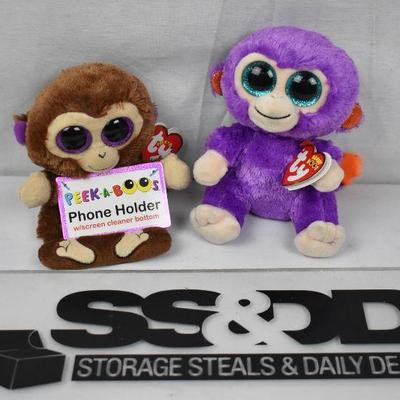 2 pc Ty Beanie Monkeys. Brown/Purple Phone Holder, Purple/Orange Boos - New
