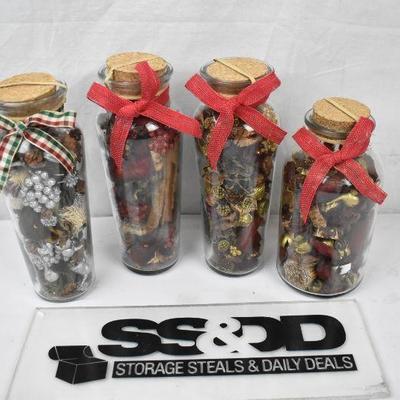 4 piece Glass Holiday Decor, Jars with Potpourri type contents - New