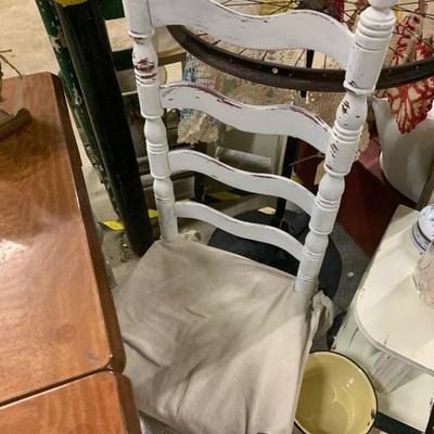 Enamel top table & 2 ladderback chairs 