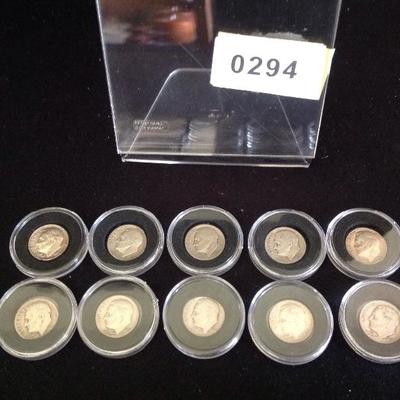 Lot of ten Roosevelt dimes 47' '47 '51 '52 '52 '58 '60 '57 '64 '57 circulated condition