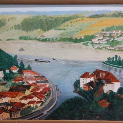 Painting of lake an houses (A-227)