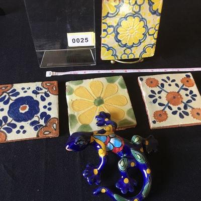 4 Painted Mexican tiles and a lizard - all hand painted