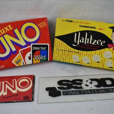 3 pc Board Games: Uno w/ extra score sheets, Vintage Yahtzee