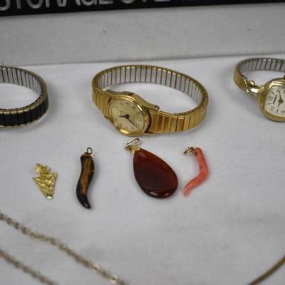 13 pc Costume Jewelry: 3 Watches, 4 pendants, 5 necklaces, 1 bracelet - Vintage