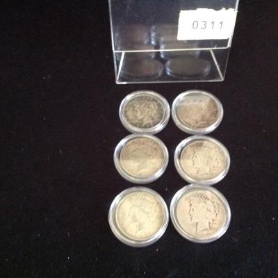 Lot of 6 Peace Silver Dollars. Circulated 