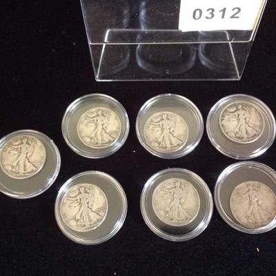 Lot of 7 Walking Liberty Half Dollars. Circulated 