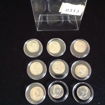 Lot of 9 40% Silver Kennedy Half Dollars. Circulated 